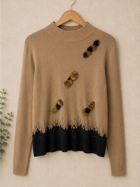 Kenneth Miller Embellished Faux Fur Mock Neck Sweater Tan Black Size Large